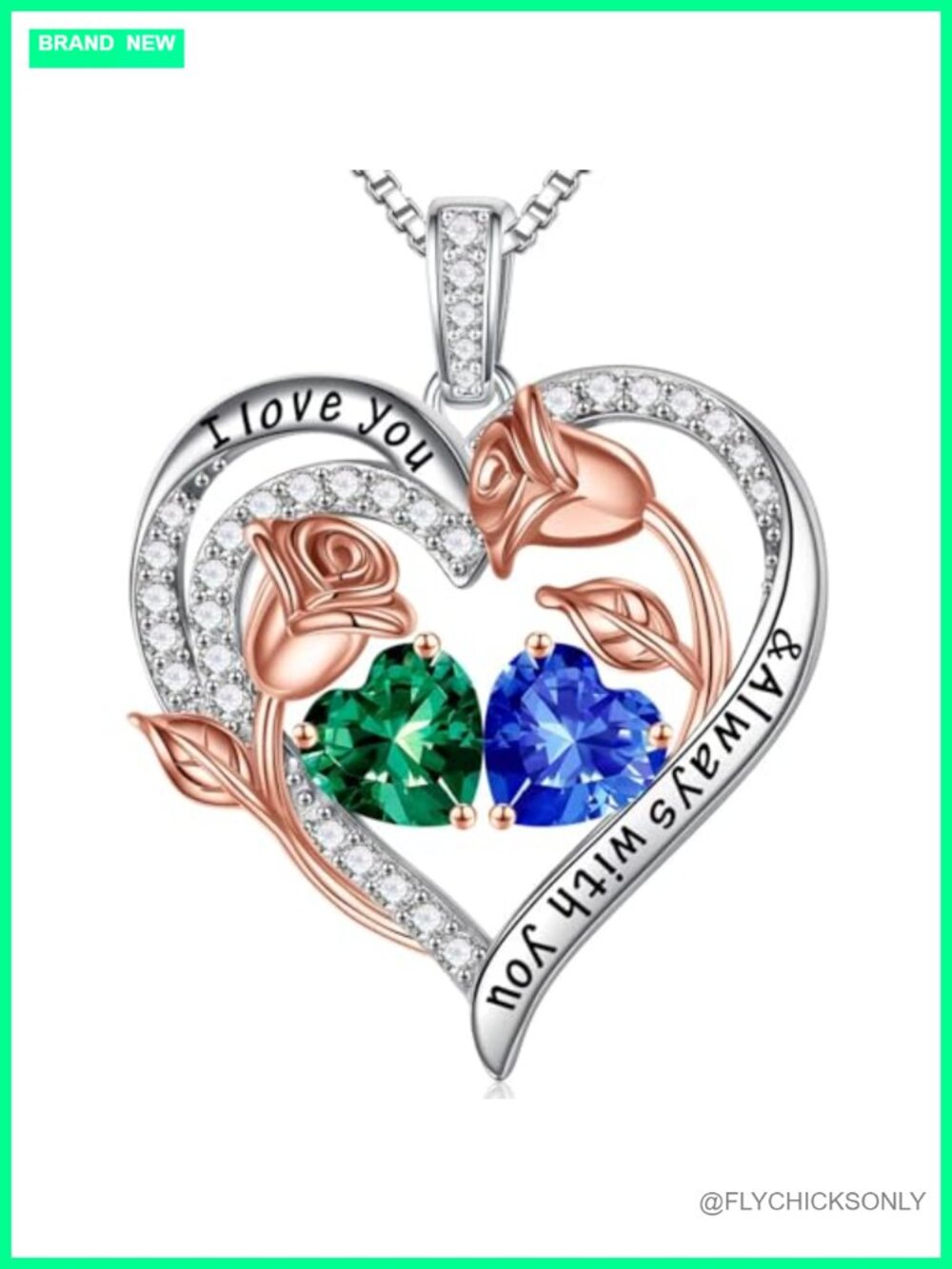 925 Sterling Silver Double Heart Birthstone Pendant Necklace 19+2" Adjustable